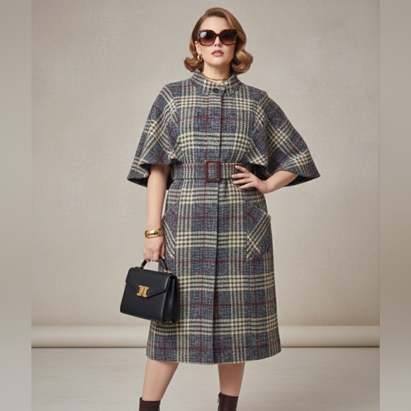 Tribal Checkered Cape Coat - Blue, Cream, Brown - Picture 1 of 8